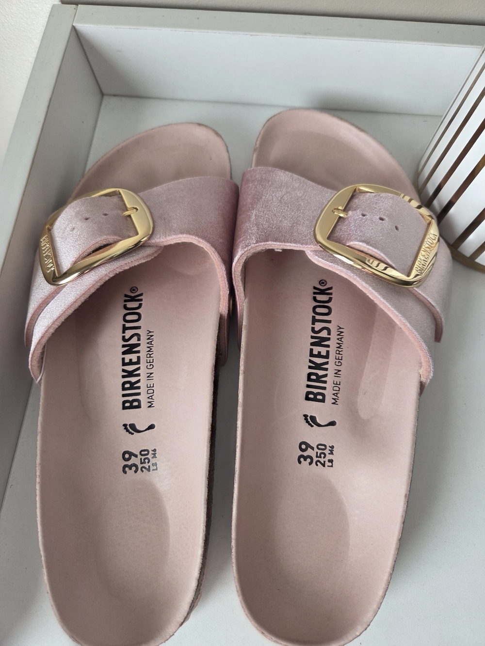 Birkenstock Pink Slide Sandals with Gold Buckles - Picture 12 of 16
